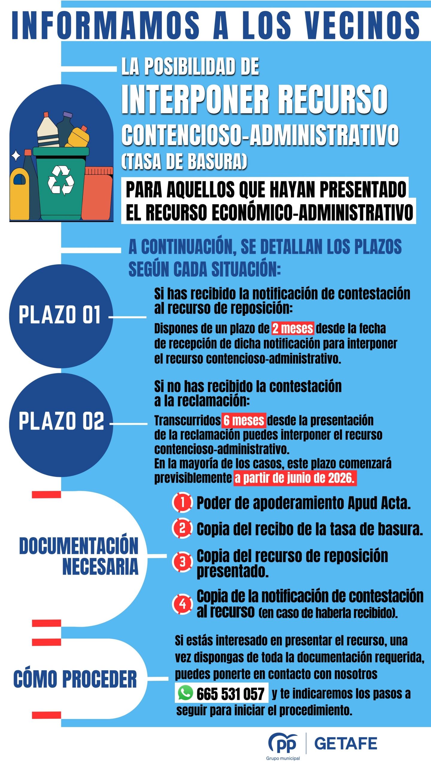 El portavoz del PP anima a los vecinos a seguir con los recursos contra la tasa de basuras y les facilita un teléfono de consulta